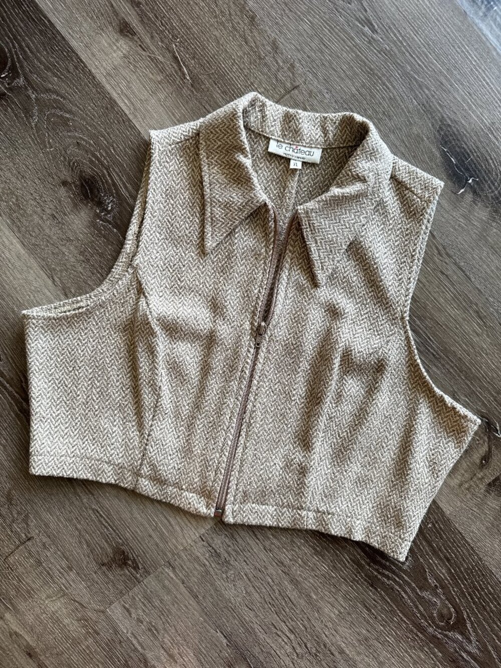 Vintage 90s Le Château Herringbone Wool Blend Zip Vest XL